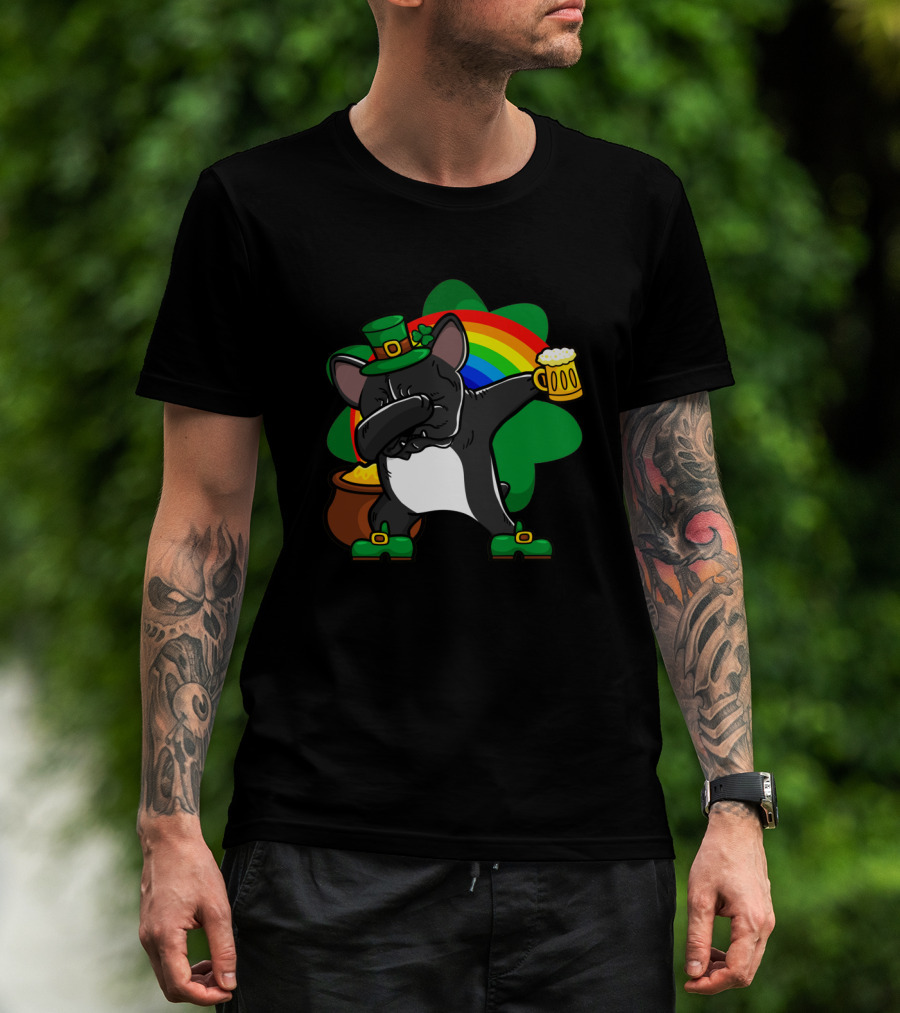 French Bulldog Dabbing Shamrock Rainbow St Patrick's Day T-Shirt