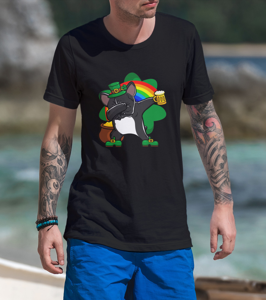 French Bulldog Dabbing Shamrock Rainbow St Patrick's Day T-Shirt