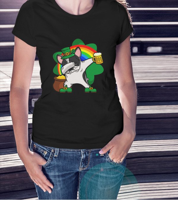 Dabbing Pied French Bulldog St Patrick's Day Rainbow Clover Beer Pot Of Gold T-Shirt