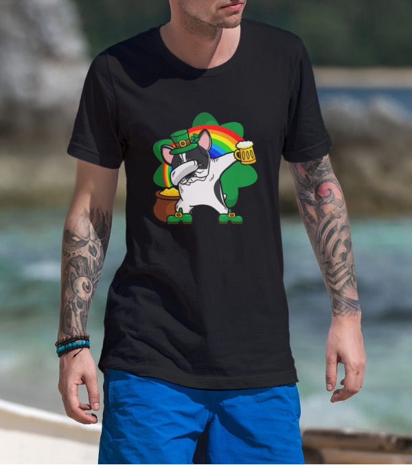 Dabbing Pied French Bulldog St Patrick's Day Rainbow Clover Beer Pot Of Gold T-Shirt