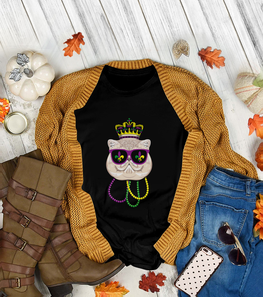 Mardi Gras Cat Wearing Crown, Sunglasses with Fleur-de-Lis, and Colorful Beads T-Shirt