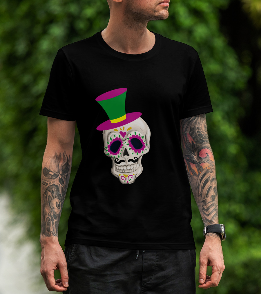 Mardi Gras Day Colorful Male Skull With Green And Pink Hat T-Shirt