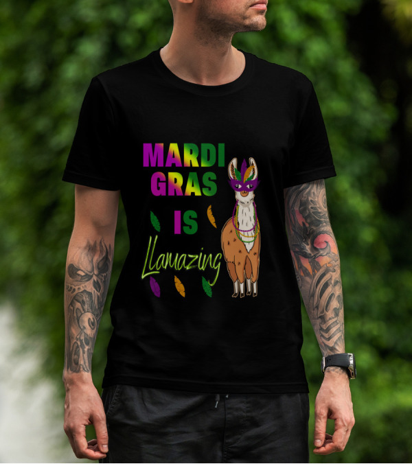 Mardi Gras Is Llamazing Colorful Llama With Mask And Feathers T-Shirt