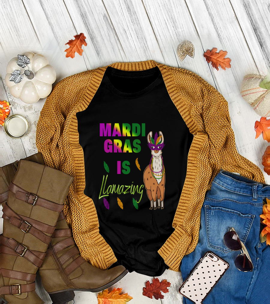Mardi Gras Is Llamazing Colorful Llama with Mask and Feathers T-Shirt