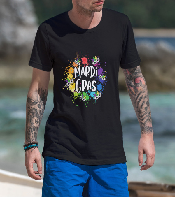 Mardi Gras Mask Colorful Paint Splatter New Orleans T-Shirt