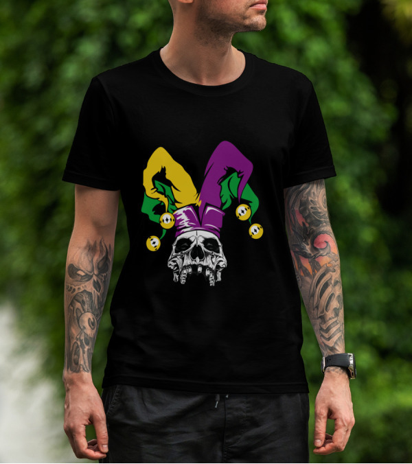 Mardi Gras Skull Jester Hat Purple Green Yellow T-Shirt