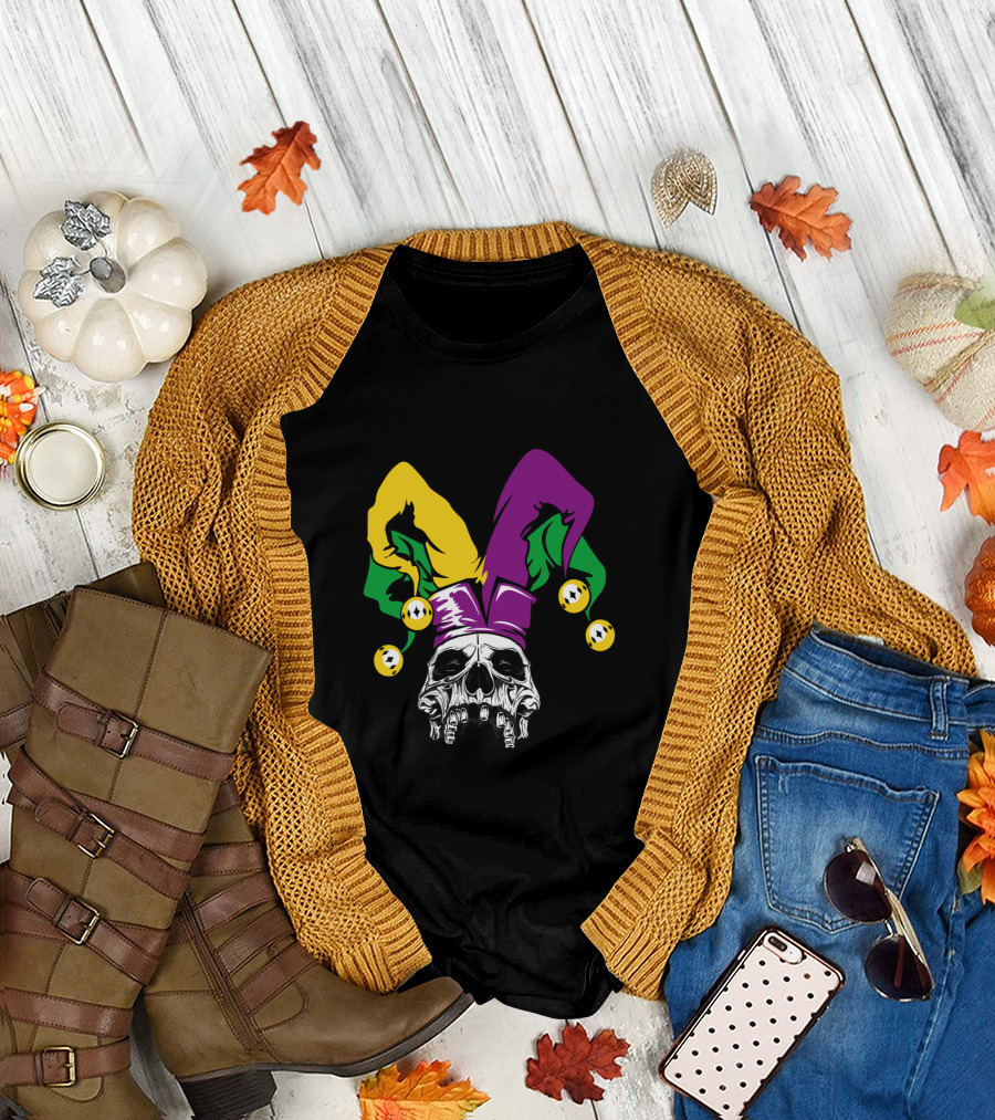 Mardi Gras Skull Jester Hat Purple Green Yellow T-Shirt