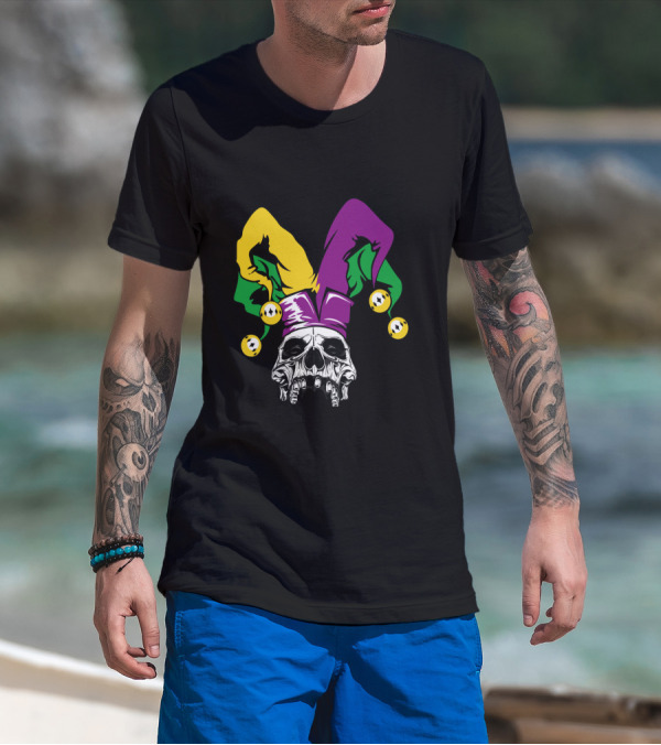 Mardi Gras Skull Jester Hat Purple Green Yellow T-Shirt