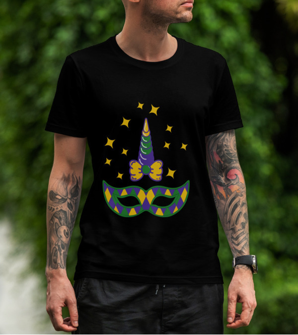 Mardi Gras Unicorn Horn And Mask With Stars T-Shirt