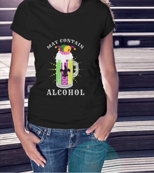 May Contain Alcohol Mardi Gras Jester Hat Beer Mug Fleur-de-Lis T-Shirt