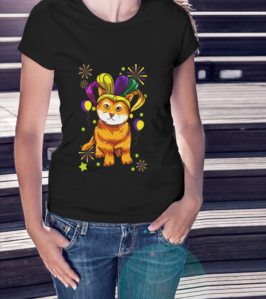 Mardi Gras Cat Lovers Jester Hat Festive Cat T-Shirt