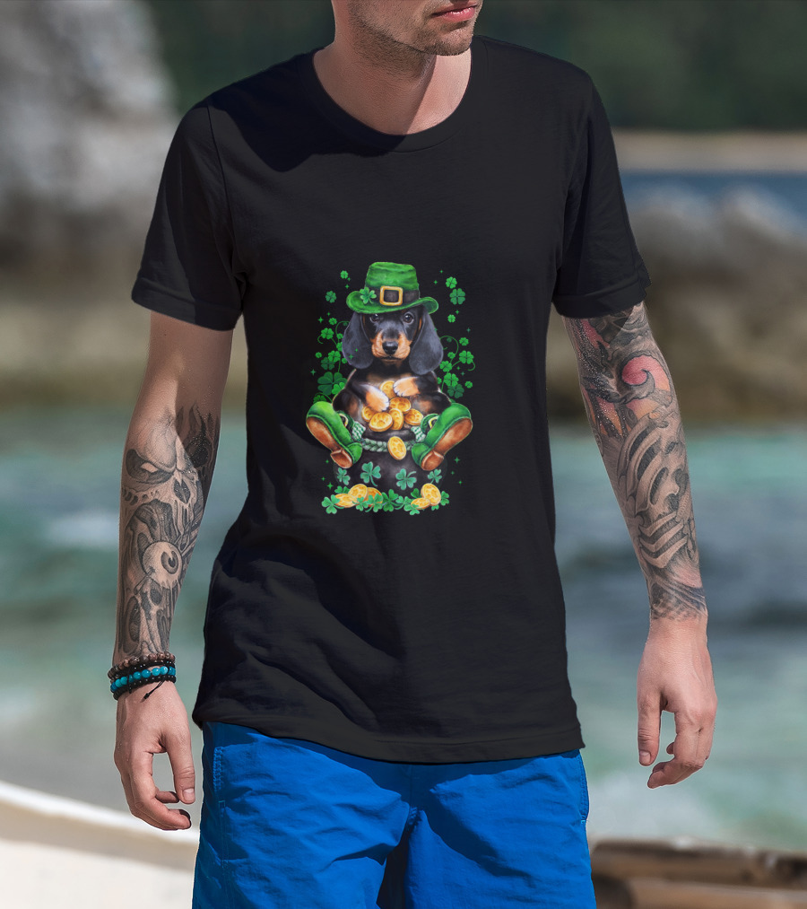 Dachshund Patrick Baby Funny Patrick Leprechaun Hat Shamrocks Pot Of Gold Coins T-Shirt