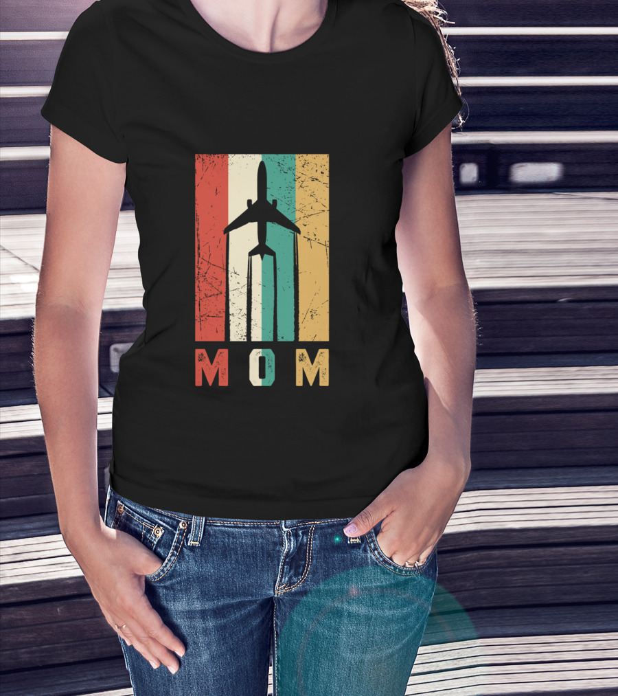 Mom Airplane Retro Vintage Pilot Stripe T-Shirt