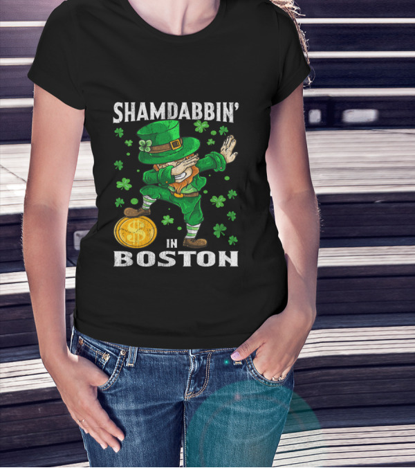 Shamdabbin In Boston Dabbing Leprechaun With Gold Coin And Shamrocks T-Shirt