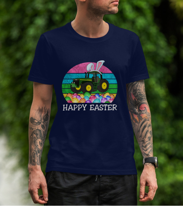 Happy Easter Vintage Bunny Ears With Tractor And Colorful Eggs T-Shirt