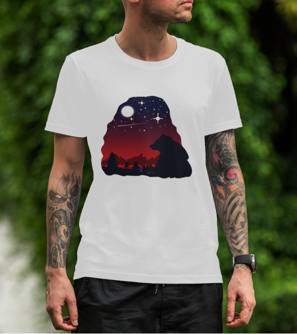 Bear Wildlife Animal Stargazing In Mountain Night Scene T-Shirt