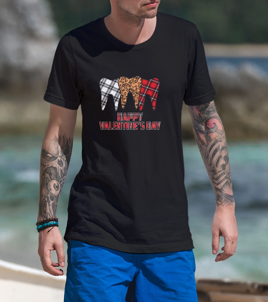 Happy Valentine's Day Plaid Leopard Dentist Teeth T-Shirt
