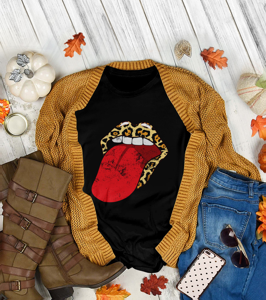 Leopard Lips Red Tongue Cheetah Trendy Rolling Iconic T-Shirt