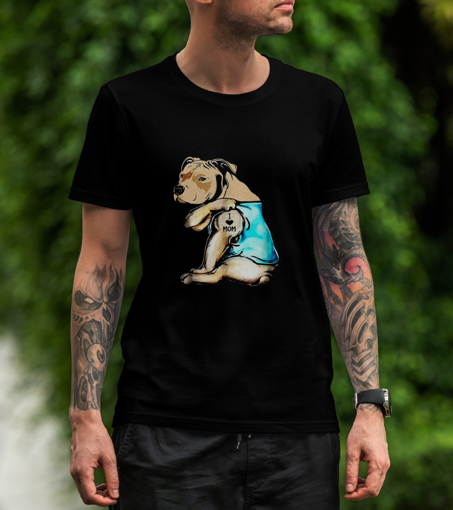 Pit Bull I Love Mom Tattooed Dog In Blue T-Shirt