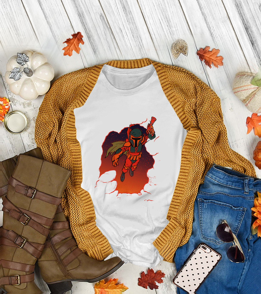 Star Wars Boba Fett Illustrated Blast Mandalorian Jetpack Fire Burst T-Shirt