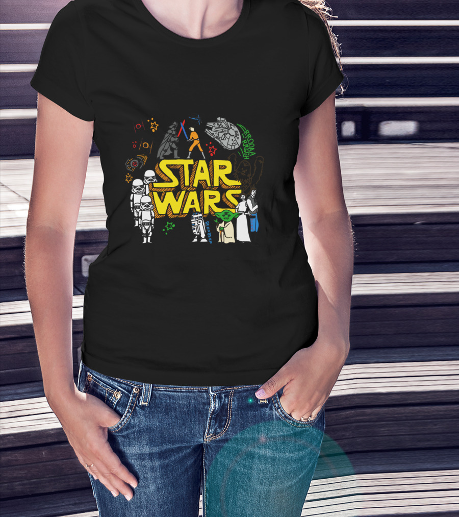 Star Wars Colorful Multi Character Doodle Millennium Falcon Darth Vader Yoda R2-D2 Stormtroopers T-Shirt