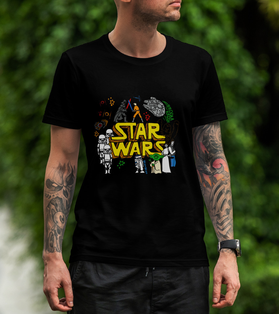 Star Wars Colorful Multi Character Doodle Millennium Falcon Darth Vader Yoda R2-D2 Stormtroopers T-Shirt