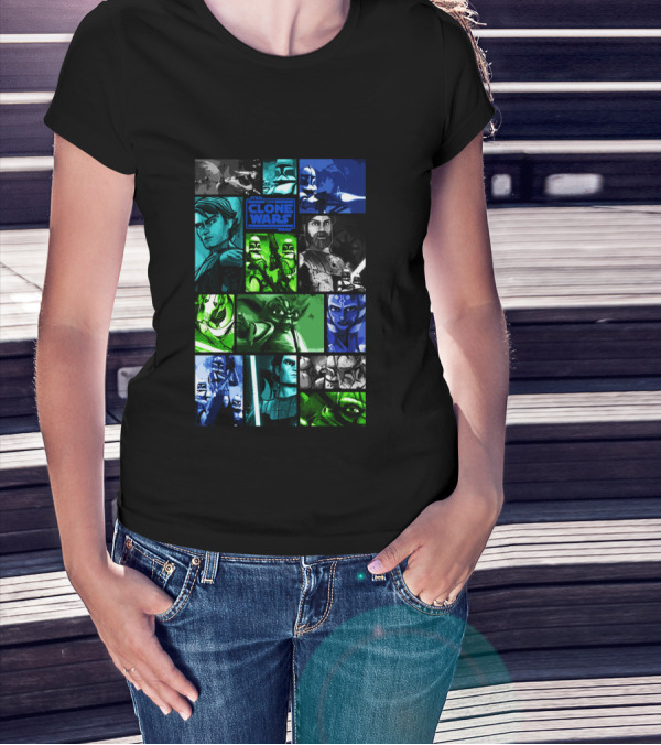 Star Wars The Clone Wars Character Montage Panels Featuring Iconic Heroes And Villains T-Shirt