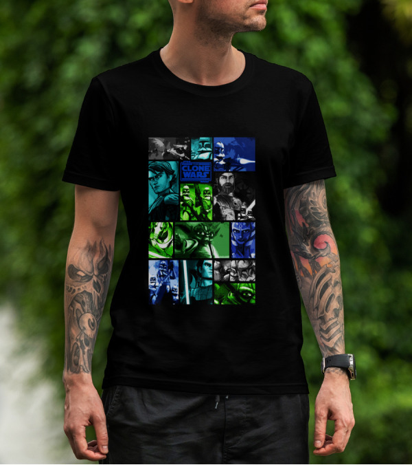 Star Wars The Clone Wars Character Montage Panels Featuring Iconic Heroes And Villains T-Shirt