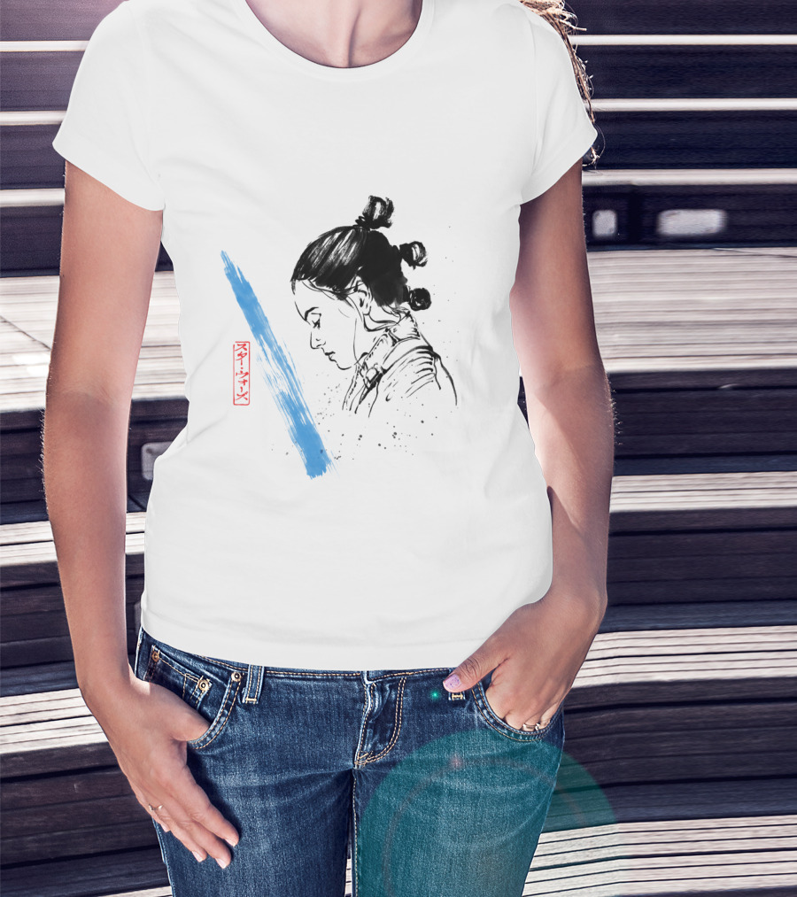 Star Wars The Last Jedi Rey Watercolor Sketch Profile With Blue Brushstroke And Red Kanji Markings T-Shirt
