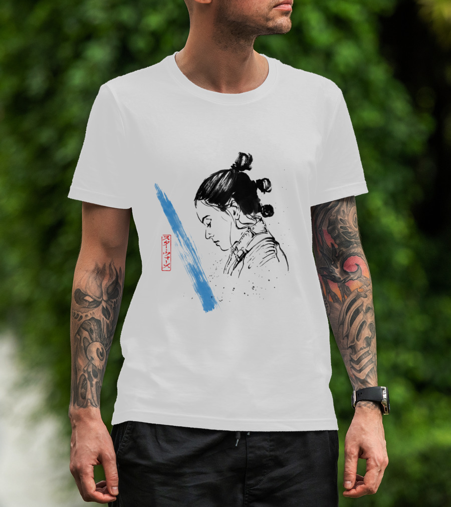 Star Wars The Last Jedi Rey Watercolor Sketch Profile With Blue Brushstroke And Red Kanji Markings T-Shirt