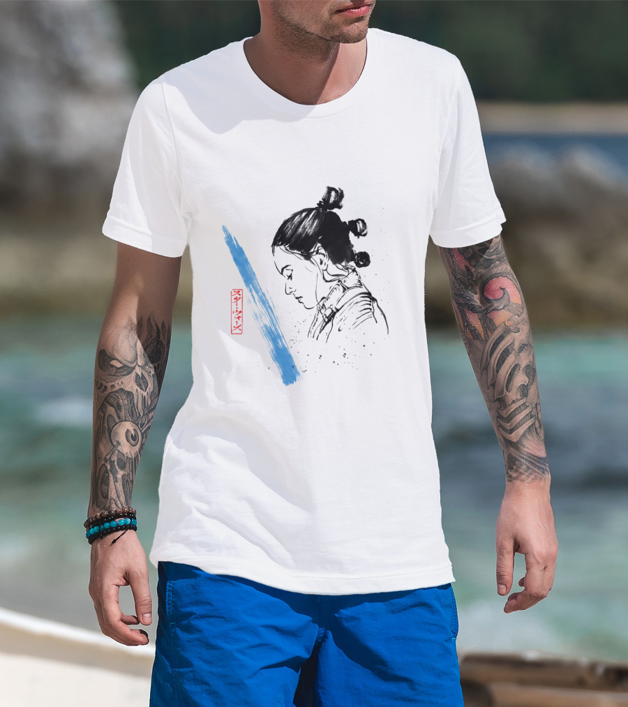 Star Wars The Last Jedi Rey Watercolor Sketch Profile With Blue Brushstroke And Red Kanji Markings T-Shirt