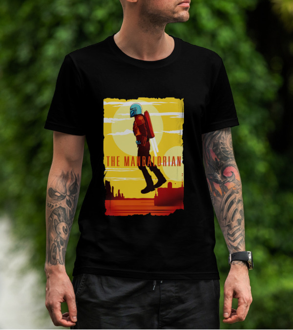 The Mandalorian Jet Pack Floating Scene With Yellow T-Shirt