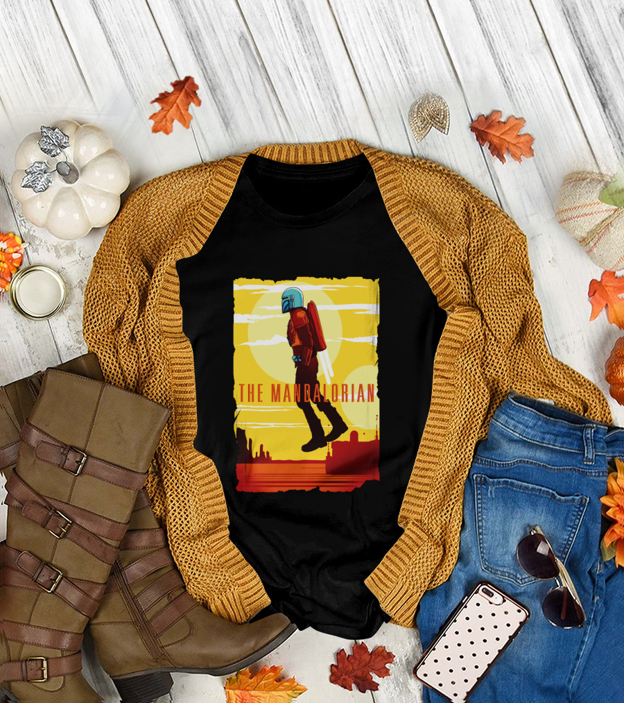 The Mandalorian Jet Pack Floating Scene with Yellow T-Shirt