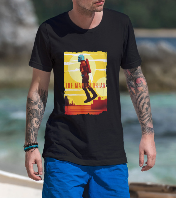 The Mandalorian Jet Pack Floating Scene With Yellow T-Shirt