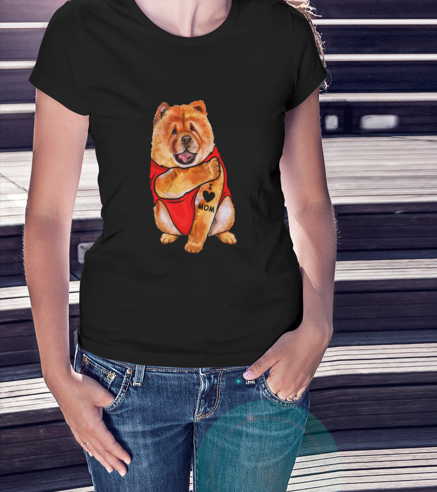 Chow Chow Dog In Red Outfit With I Love Mom Tattoo T-Shirt