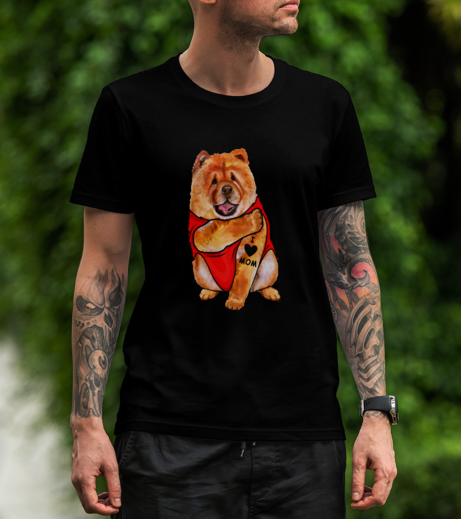 Chow Chow Dog In Red Outfit With I Love Mom Tattoo T-Shirt