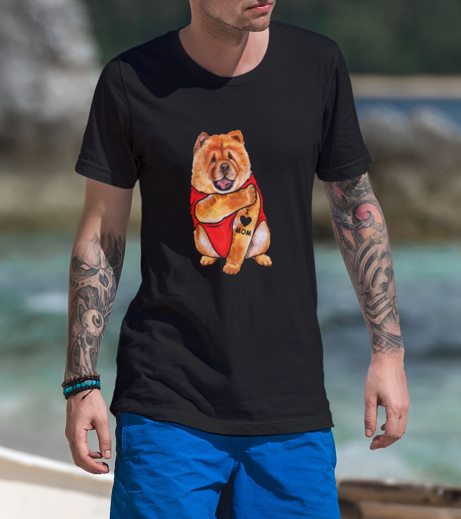 Chow Chow Dog In Red Outfit With I Love Mom Tattoo T-Shirt