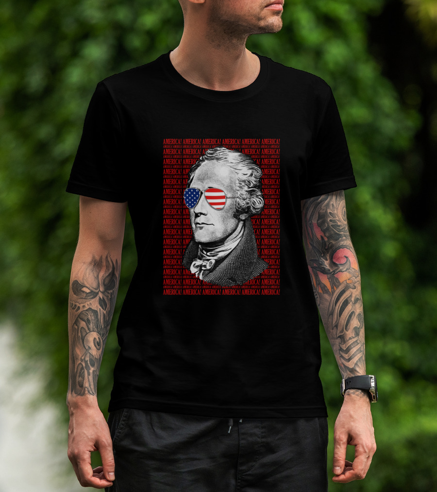Alexander Hamilton America USA Patriotic Sunglasses Iconic American Flag T-Shirt