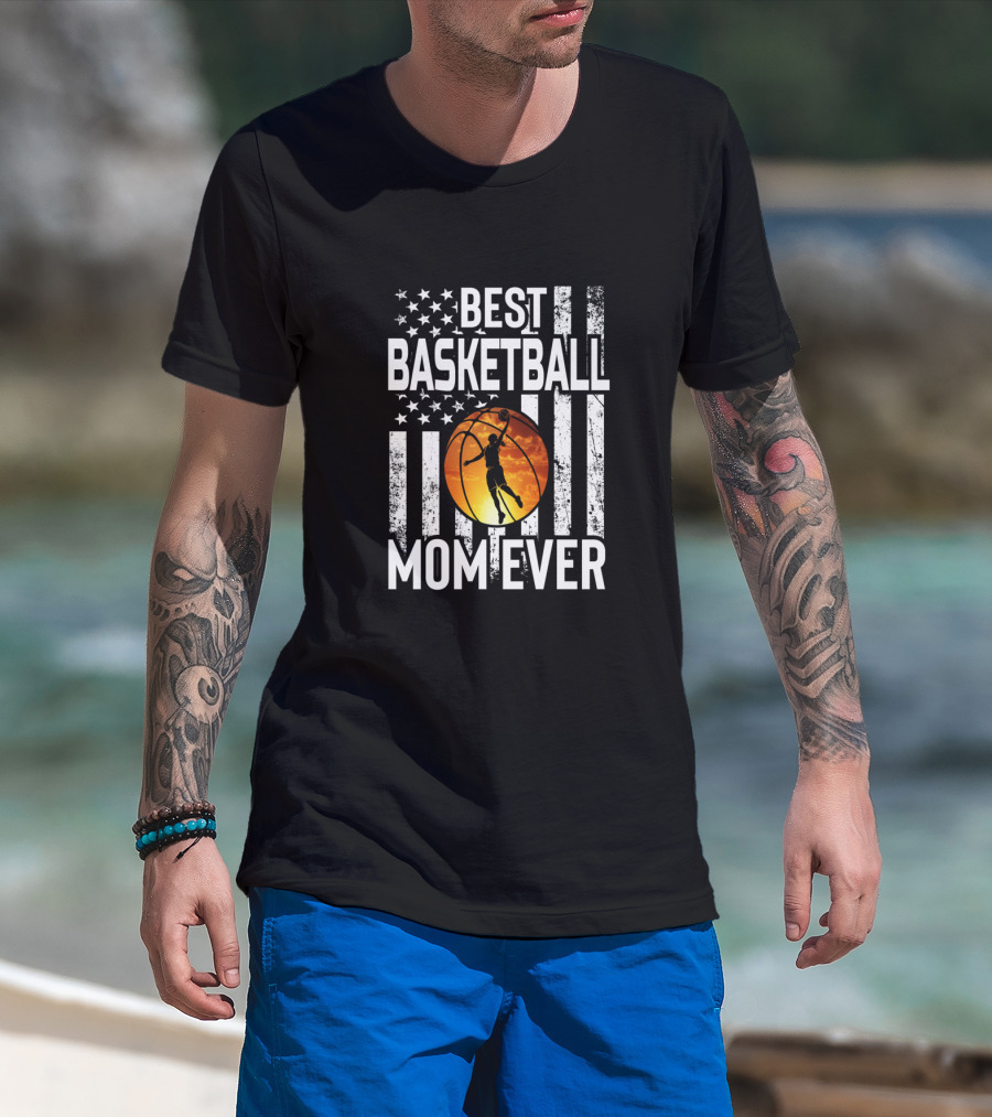 Best Basketball Mom Ever Vintage American Flag Basketball Dunk T-Shirt