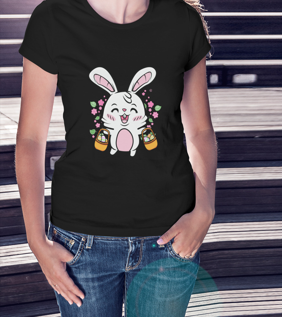 Kids Easter Bunny With Baskets Cute Egg Hunt Colorful Spring Flowers T-Shirt