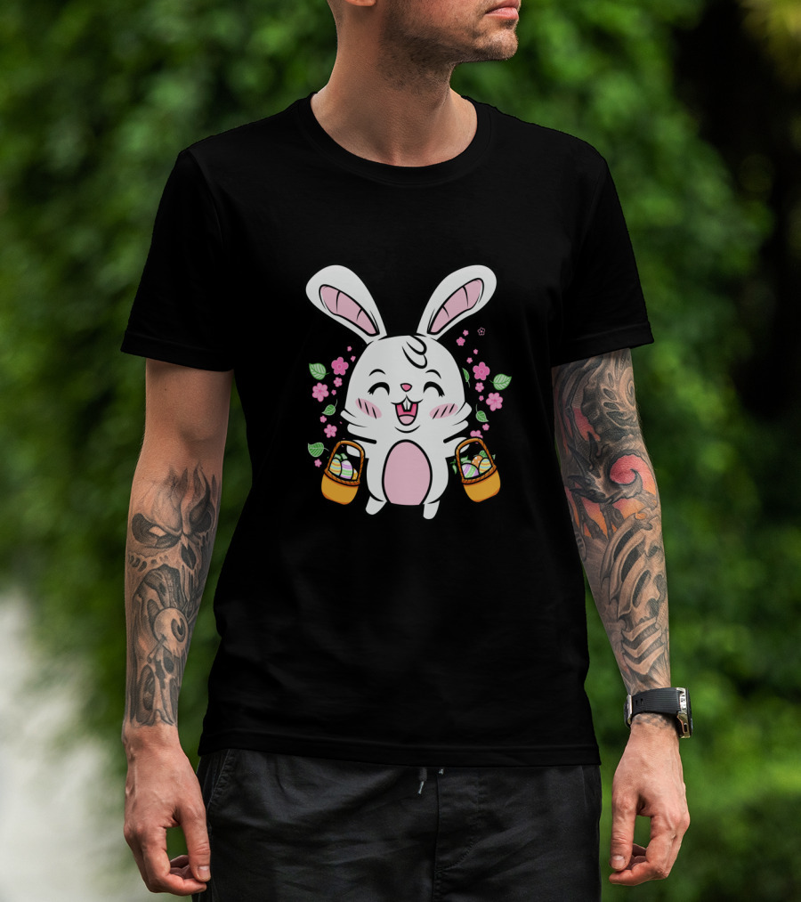 Kids Easter Bunny With Baskets Cute Egg Hunt Colorful Spring Flowers T-Shirt