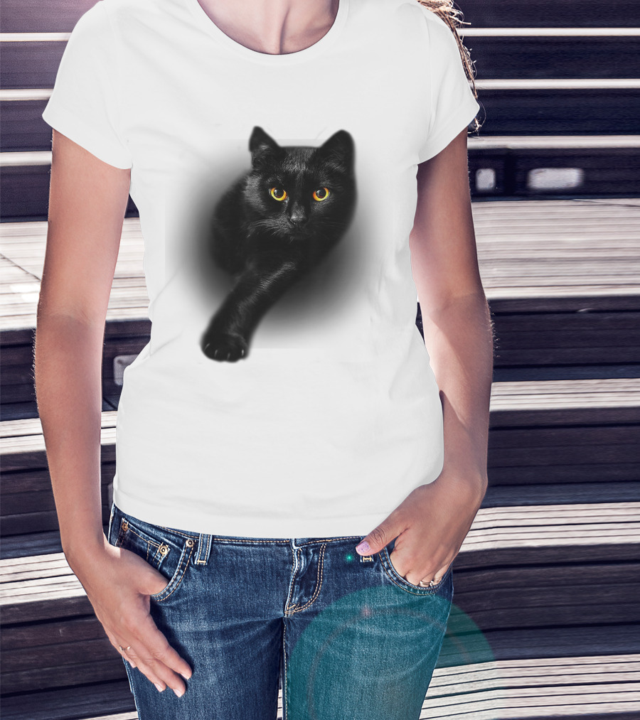 Black Cat Yellow Eyes Halloween T-Shirt