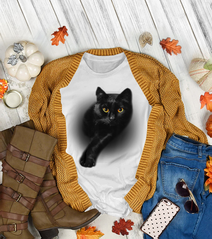 Black Cat Yellow Eyes Halloween T-Shirt