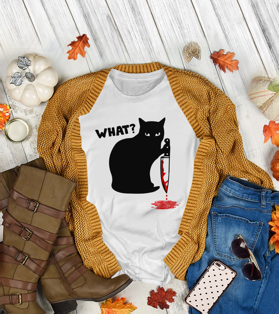 What? Black Cat with Knife and Blood T-Shirt