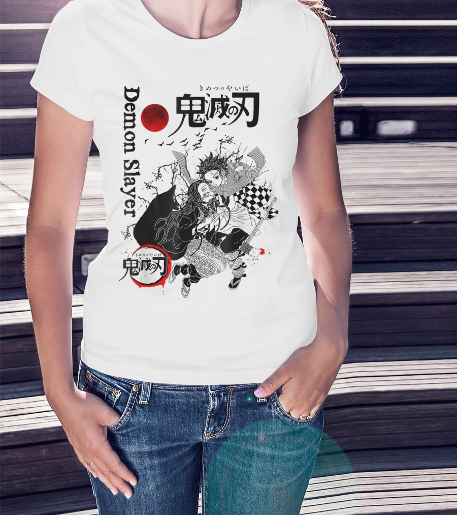 Demon Slayer Black And White Arts Anime With Red Moon T-Shirt