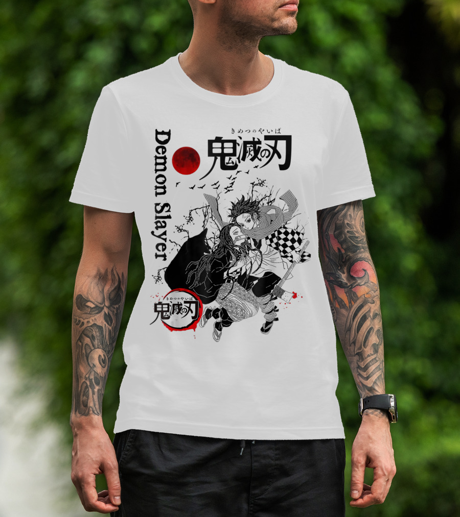 Demon Slayer Black And White Arts Anime With Red Moon T-Shirt