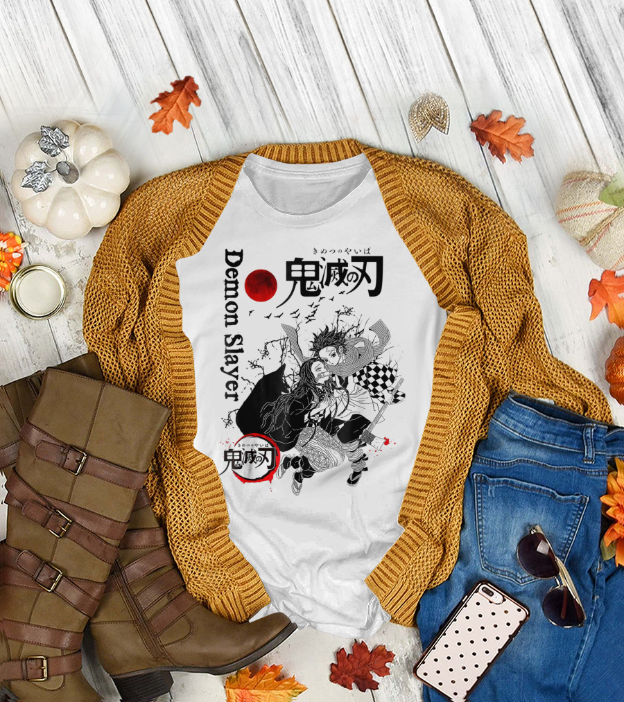 Demon Slayer Black and White Arts Anime with Red Moon T-Shirt