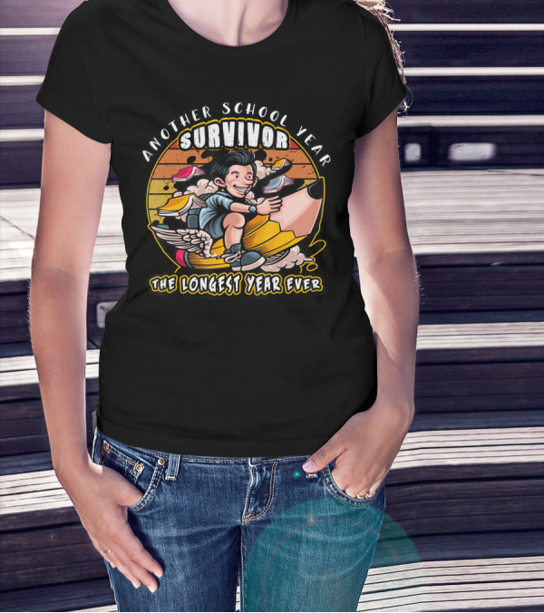 Another School Year Survivor The Longest Year Ever Retro Cartoon Pencil Ride T-Shirt