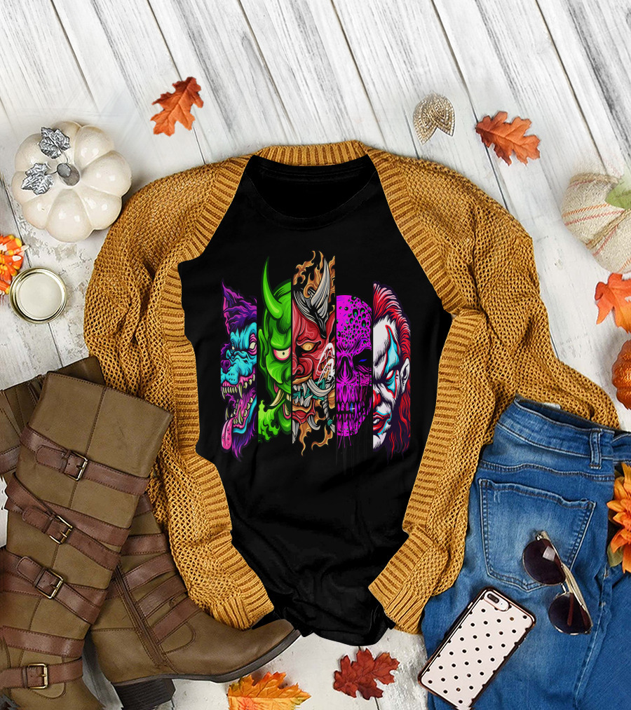Evil Demons Horror Creatures Scary Halloween Monster Faces T-Shirt