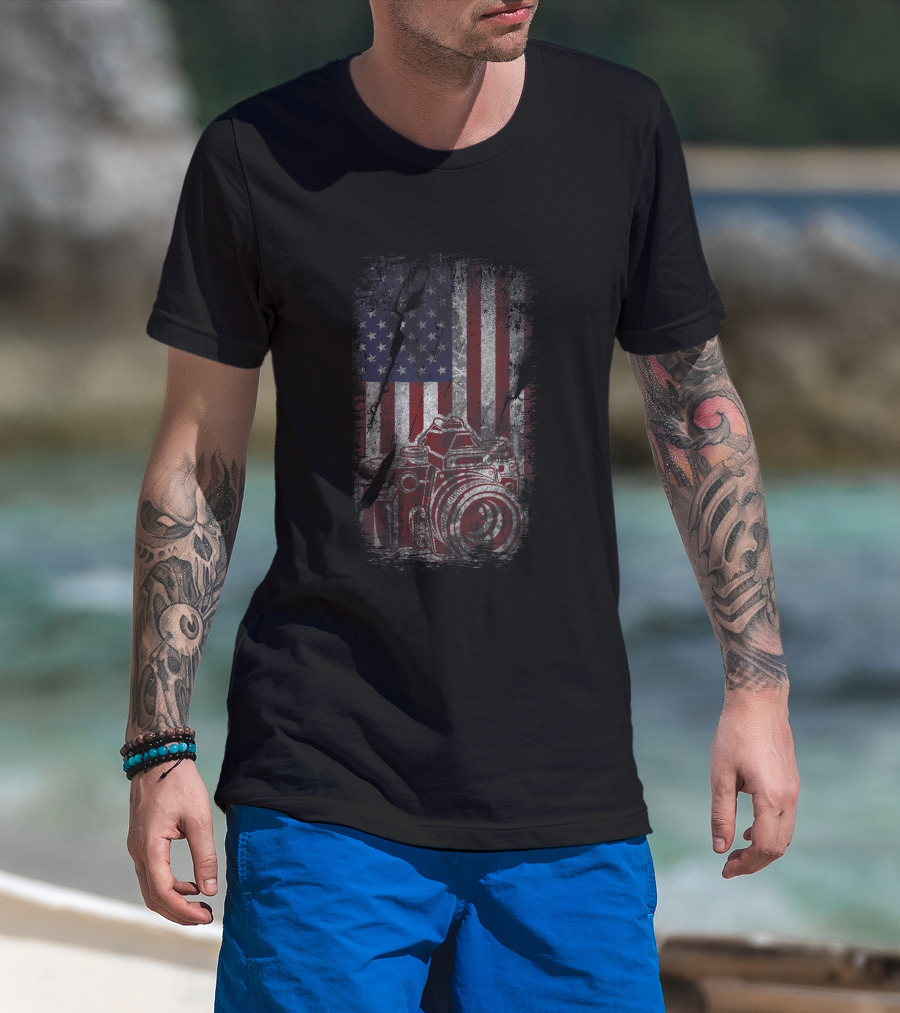 American Patriotic Photography Distressed Grunge USA Flag Camera T-Shirt